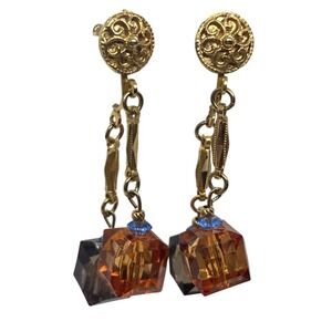 Vintage Gold Tone Dangle Drop Beaded Orange Green Earrings 1960s 1970s Retro